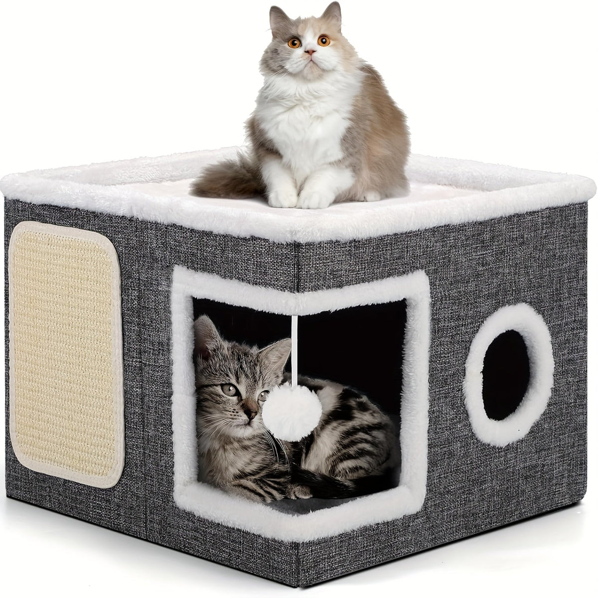 Maison pour chat pliable à 2 niveaux avec griffoir, balle suspendue en peluche et tunnel – Cube de couchage pour chat d'intérieur, structure en nylon et toile, design compact de 42 x 42 x 33 cm pour les petits espaces