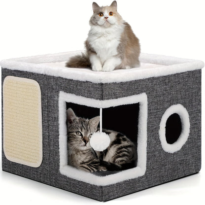 Maison pour chat pliable à 2 niveaux avec griffoir, balle suspendue en peluche et tunnel – Cube de couchage pour chat d'intérieur, structure en nylon et toile, design compact de 42 x 42 x 33 cm pour les petits espaces