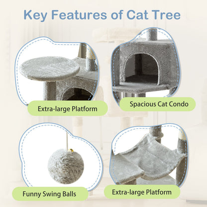 Arbre à chat de 112 cm avec niche et hamac – Poteaux à griffer en sisal naturel, perchoirs à plusieurs niveaux et maison pour chats d'intérieur, disponible en beige, gris, rose et noir/rouge