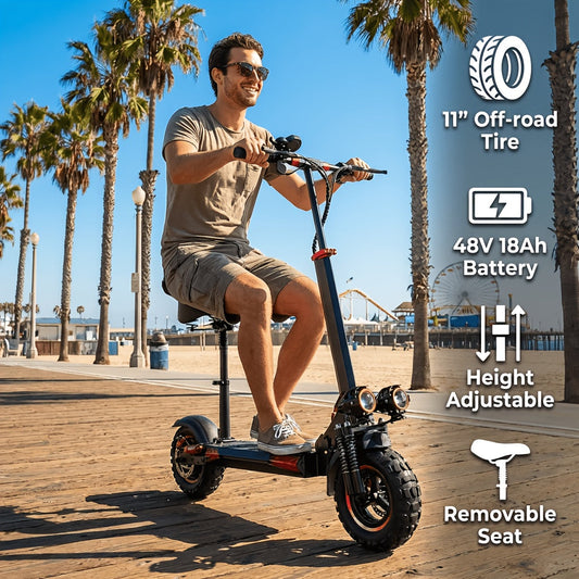 Trottinette électrique 1200W 48V avec siège – Pneus 11 pouces, suspension intégrale, hauteur réglable, feu avant, feu arrière et clignotants – Trottinette longue portée haute vitesse pour adolescents et adultes
