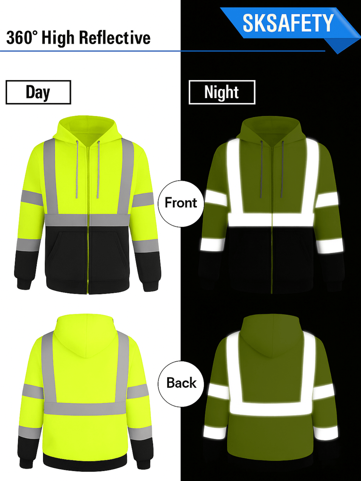 Sweat-shirt à capuche zippé en polaire haute visibilité ANSI classe 3 type R, vêtement de travail de chantier unisexe avec cache-cou, jaune fluorescent