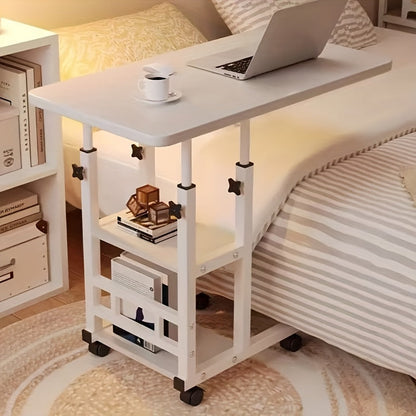 Table pour ordinateur portable réglable en hauteur avec 4 roulettes et double étagère – Bureau poste de travail mobile pour chevet, dortoir, bureau, salon, structure en acier robuste, design gain de place