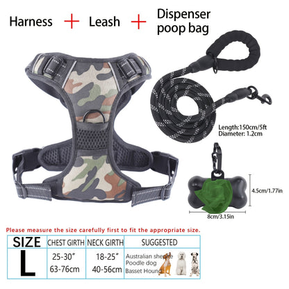 Ensemble harnais et laisse pour chien 4 pièces, gilet réfléchissant en Oxford anti-traction et anti-étranglement avec laisse, distributeur de sacs à déjections et poignée de contrôle facile, pour chiens moyens et grands, dressage et promenade en extérieur