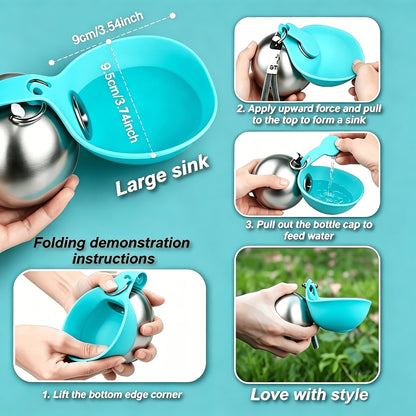 Gourde de voyage en acier inoxydable pour animaux – Bouteille étanche de 285 ml pour chiens et chats avec écuelle pliable pour la randonnée, la marche et le camping, acier 304, bleu et rose