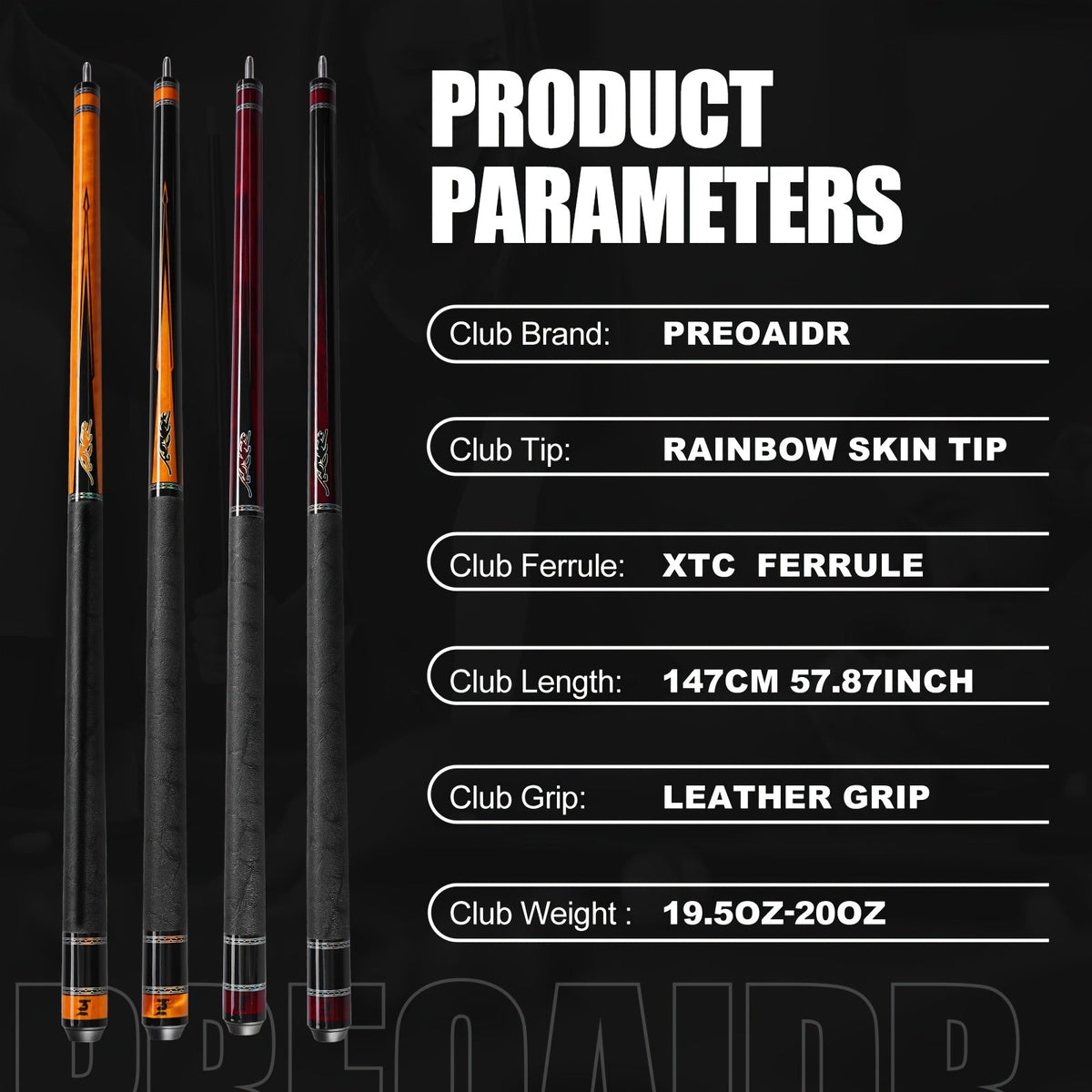 Queue de billard en fibre de carbone PREDAIDR série SP 58" – Queue de billard professionnelle à faible déflexion, procédé 12,5 mm, grip en cuir, joint 3/8x8, 19-20 oz