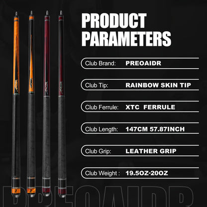 Queue de billard en fibre de carbone PREDAIDR série SP 58" – Queue de billard professionnelle à faible déflexion, procédé 12,5 mm, grip en cuir, joint 3/8x8, 19-20 oz