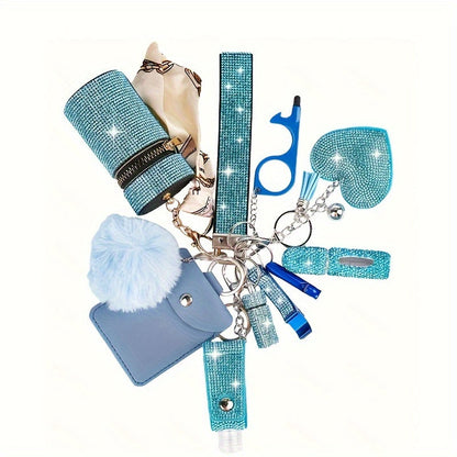 Ensemble de 11 porte-clés à strass pour femmes – Anneau multifonction avec porte-carte, pilulier, sifflet, flacon de parfum et pochette de rangement, cadeau idéal pour elle