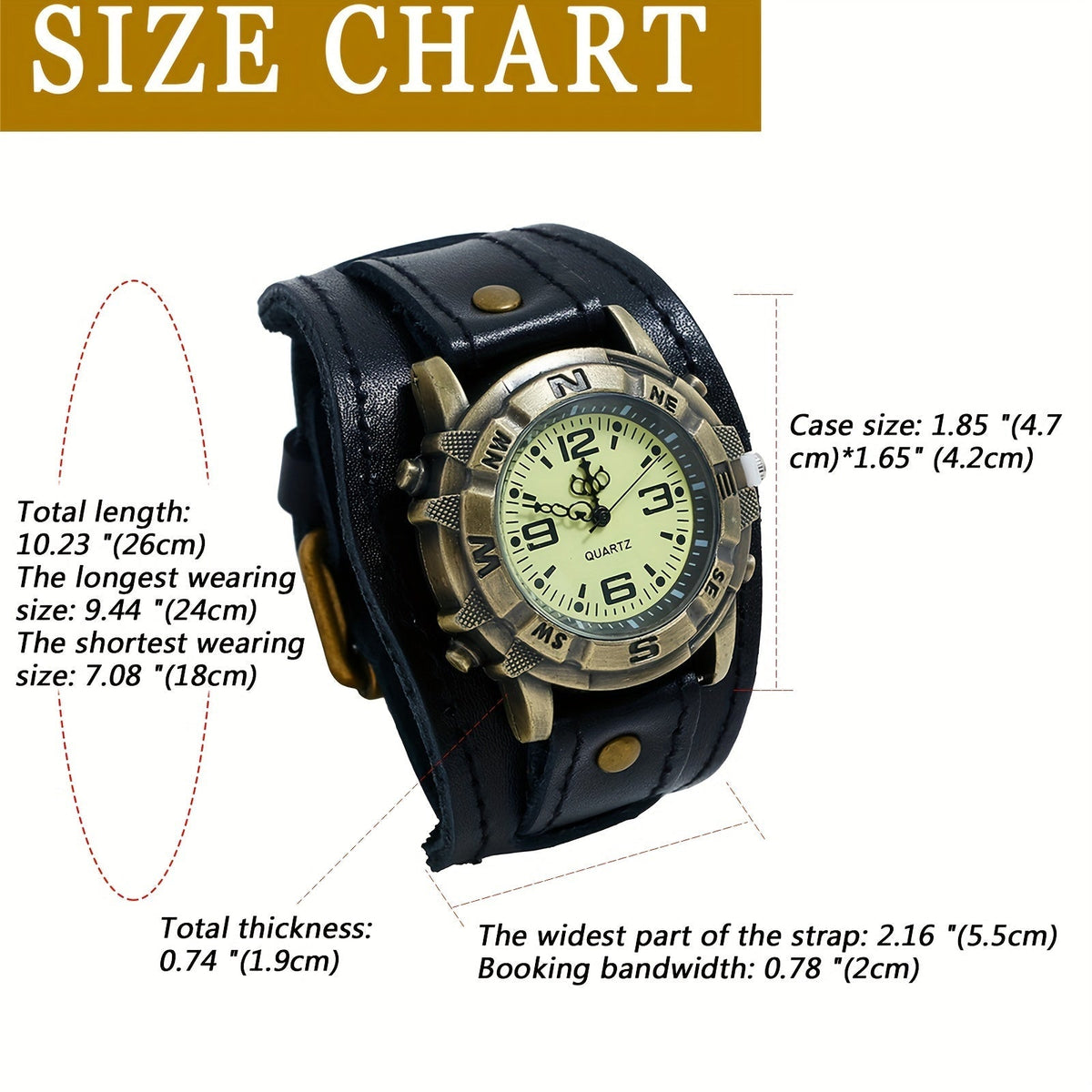 Montre à quartz analogique unisexe style steampunk vintage avec large bracelet en cuir – Style biker, boîtier rond, marron foncé, noir, marron, cadeau pour Halloween, Noël, fête des Pères
