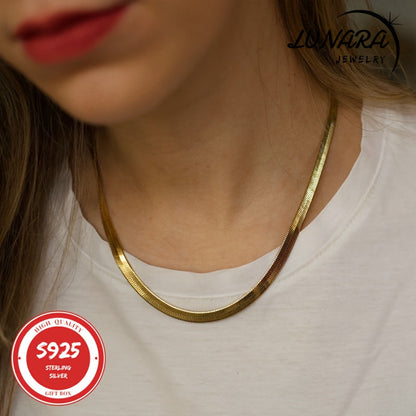 Collier chaîne serpent herringbone plaqué or 24 carats, argent sterling 925, chaîne plate 3,5 mm pour femmes et hommes, boîte cadeau incluse, 45-60 cm
