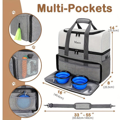 Dog Travel Bag with 2 Extra-Large Food Containers & 2 Collapsible Bowls – Dual-Layer Multi-Pocket Pet Organizer for Road Trips & Camping, Waste Bag Dispenser, Feeding Mat, All Dog Sizes, Gray