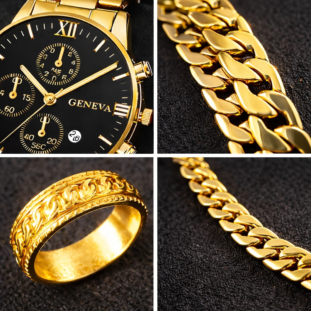 Coffret cadeau montre mécanique de luxe et bijoux pour homme, 4 pièces – Bracelet, collier et bague vintage en alliage galvanisé, ensemble d'accessoires élégants style business décontracté pour Noël, la Saint-Valentin et les fêtes