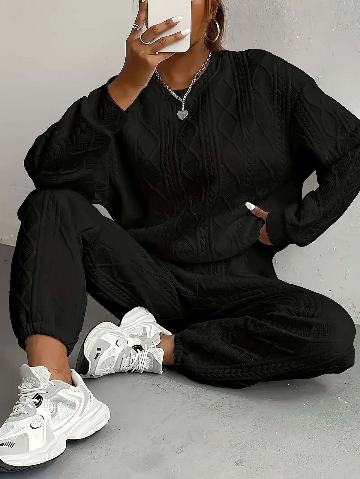 Ensemble survêtement 2 pièces pour femme – Haut à manches longues et col rond en jacquard texturé et pantalon de jogging, tenue de détente décontractée et respirante pour le printemps et l'été S-XXL