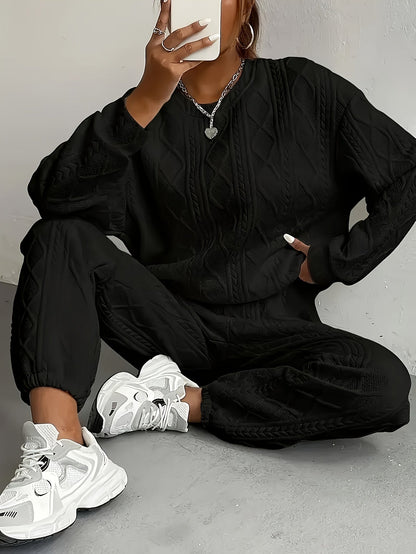 Ensemble survêtement 2 pièces pour femme – Haut à manches longues et col rond en jacquard texturé et pantalon de jogging, tenue de détente décontractée et respirante pour le printemps et l'été S-XXL
