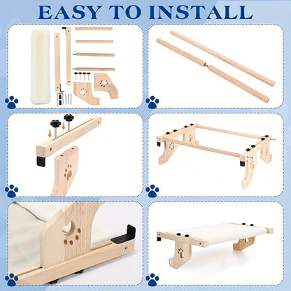 Perchoir et hamac pour chat en bois haut de gamme – Robuste, supporte jusqu'à 18 kg, fixation multi-emplacement pour fenêtre, mur et placard, plateforme extra-large avec coussin moelleux, sans danger pour les grands chats