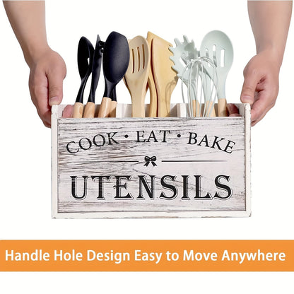 Organisateur d'ustensiles de cuisine rustique en bois avec poignée et 3 compartiments – Rangement pour comptoir ou mural pour outils de cuisine, de pâtisserie et de salle à manger – Rangement de cuisine style ferme en blanc et noir