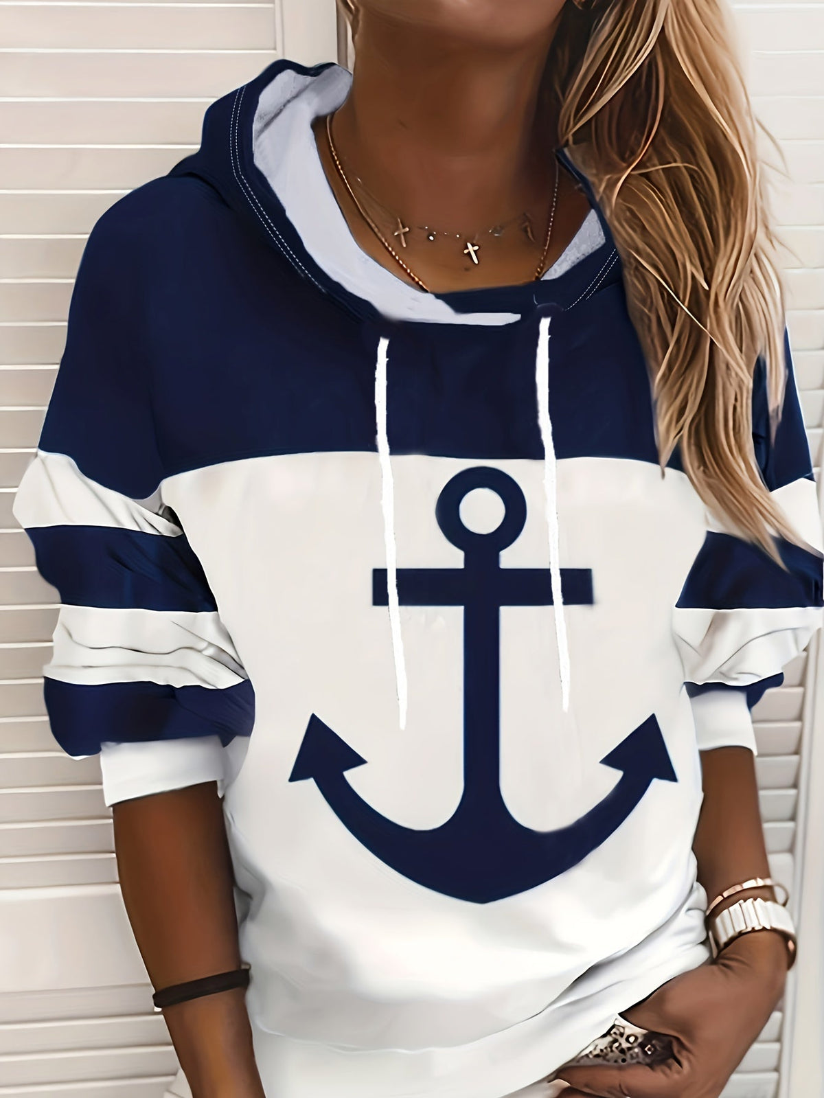 Sweat-shirt à capuche pour femme avec cordon de serrage, imprimé ancre et blocs de couleur, manches longues, décontracté, confortable, automne-hiver, multicolore, S-XXL
