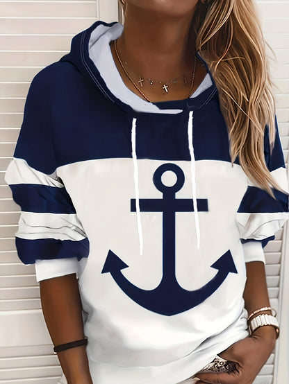 Sweat-shirt à capuche pour femme avec cordon de serrage, imprimé ancre et blocs de couleur, manches longues, décontracté, confortable, automne-hiver, multicolore, S-XXL
