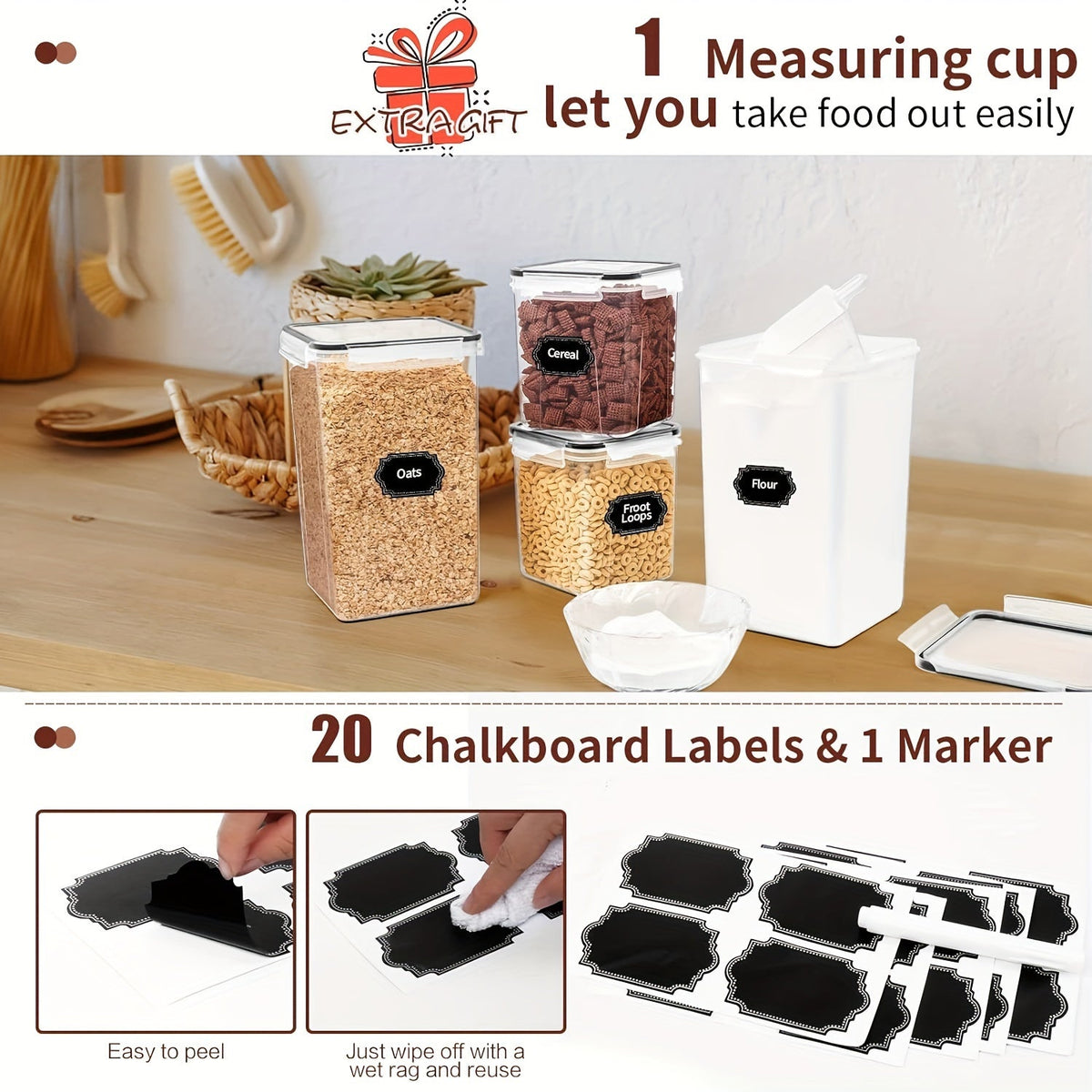 Lot de 10 récipients hermétiques de conservation des aliments avec couvercles – Organiseurs sans BPA pour céréales, farine, sucre et riz, inclut verre doseur, étiquettes et feutre