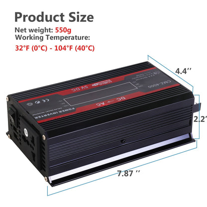Onduleur de voiture 4000W CC 12V vers CA 110V avec écran LCD, ventilateur de refroidissement et protection contre les surcharges - Convertisseur portable de 800W nominal pour voyages en voiture, camping, activités en extérieur et kits d'urgence