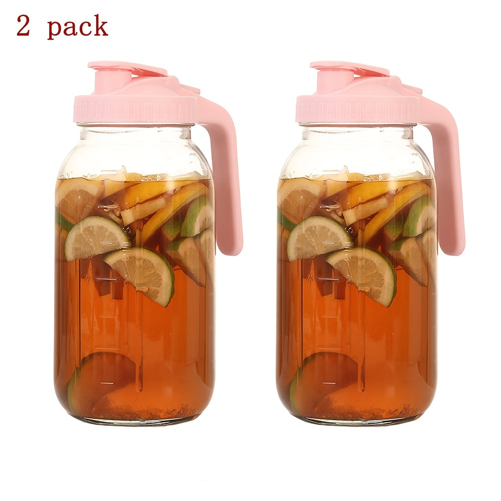 Bocal Mason de 1,9 L (64 oz) avec anse et couvercle – Carafe à boisson en verre borosilicaté de haute qualité sans BPA, étanche, lot de 2/3, pour le sport, l'extérieur, jus, eau, kombucha, cadeau de fête