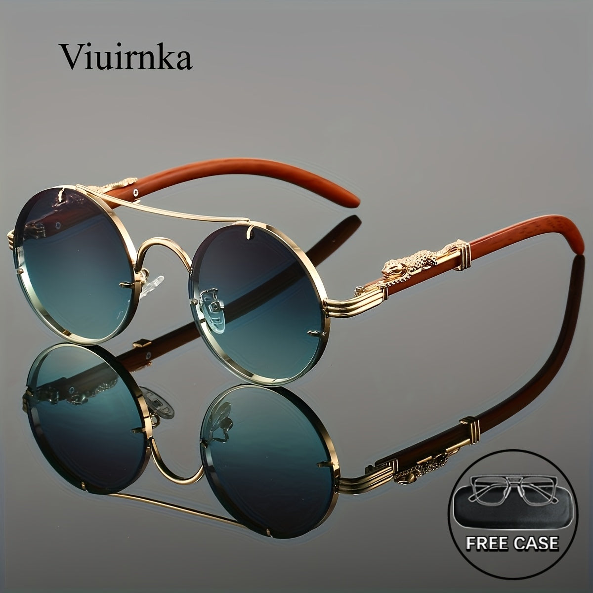 Lunettes de soleil rondes à monture en métal avec verres dégradés pour hommes et femmes – Luxe, double pont, détails léopard sur les charnières, verres en polycarbonate dégradés, étui inclus, style chic pour les vacances et la ville