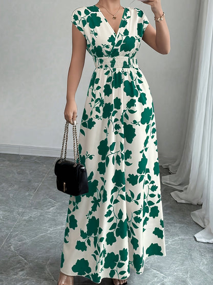 Robe longue florale rose pour femme - Col en V, manches courtes, taille cintrée, coupe trapèze | Robe fluide élégante, décontractée et habillée, pour le printemps et l'automne, nouveauté