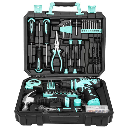 Ensemble d'outils avec perceuse sans fil 119/151 pièces, 8V rechargeable USB-C avec LED – Kit de réparation domestique tout-en-un léger pour femmes, bricolage, jardinage et montage de meubles, 6 couleurs, idée cadeau idéale