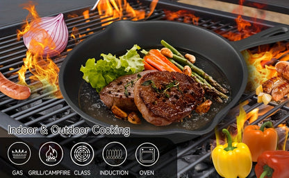 Ensemble de 3 poêles en fonte avec bec verseur – Batterie de cuisine robuste antiadhésive pré-culottée pour les repas de fêtes, le camping en VR, les repas au feu de camp, compatible four et plaque de cuisson, cadeau de cuisine