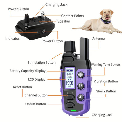Collier de dressage pour chien avec télécommande – Portée de 1265 m, modes choc, vibration et bip, collier électrique rechargeable pour chiens de petite à grande taille (2 à 68 kg), options pour 1 ou 2 chiens, violet
