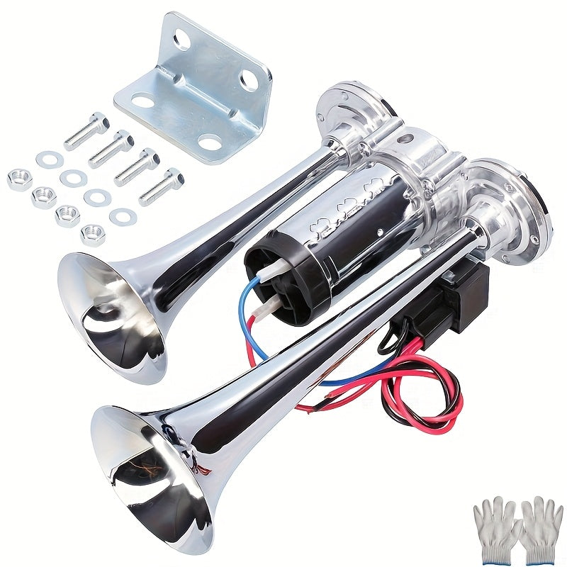 Kit de klaxon à air double super puissant 12V 24V avec compresseur d'air 105-137 dB, klaxon électrique universel en alliage d'aluminium pour camion, train, voiture, SUV, moto, bateau et pick-up