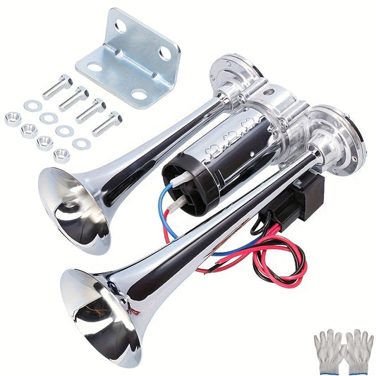 Kit de klaxon à air double super puissant 12V 24V avec compresseur d'air 105-137 dB, klaxon électrique universel en alliage d'aluminium pour camion, train, voiture, SUV, moto, bateau et pick-up