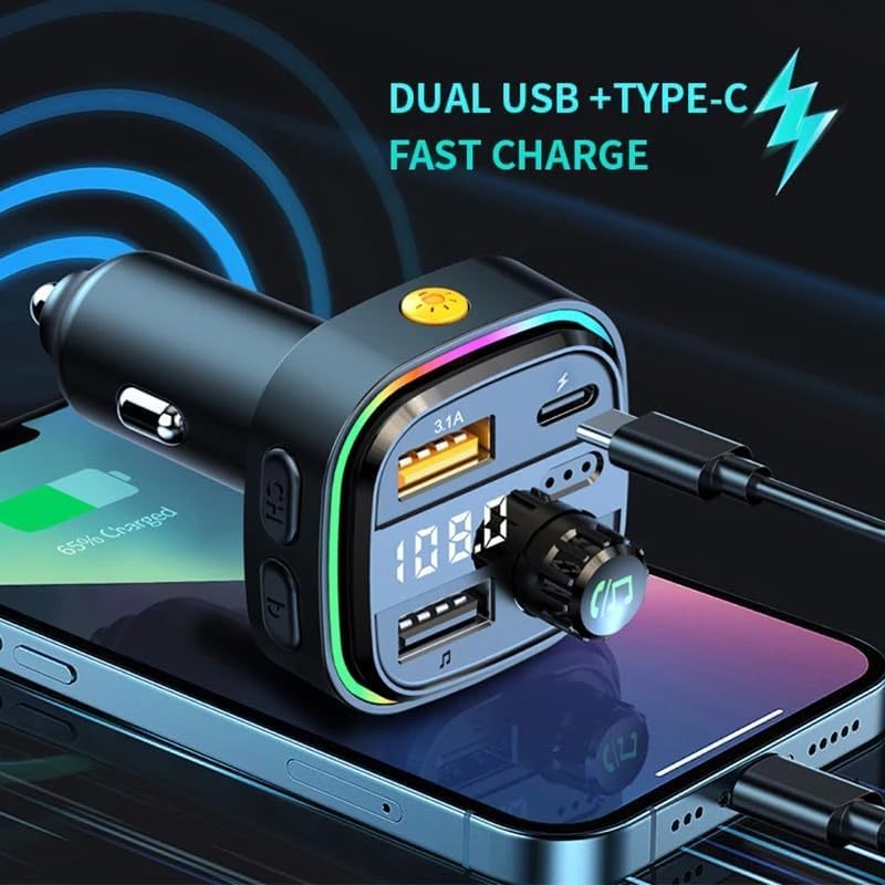 Transmetteur FM Bluetooth pour voiture – BT 5.0, charge rapide 48W QC3.0 & PD, double microphone, basses 360°, 2 ports USB + 1 port USB-C, prend en charge clé USB & AUX, adaptateur autoradio – Noir