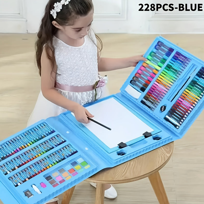 Set de 228 pièces pour activités artistiques pour enfants, kit de dessin et peinture de luxe avec pastels à l'huile, crayons de cire, feutres colorés et acryliques, pinceaux aquarelle et bloc à dessin, cadeau pour enfants