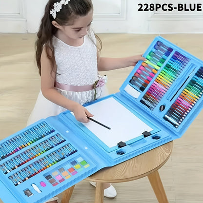 Set de 228 pièces pour activités artistiques pour enfants, kit de dessin et peinture de luxe avec pastels à l'huile, crayons de cire, feutres colorés et acryliques, pinceaux aquarelle et bloc à dessin, cadeau pour enfants