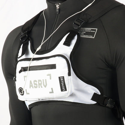 Sac de poitrine réfléchissant pour course à pied, gilet léger et réglable, sac bandoulière pour hommes et femmes – Sac de sport imperméable pour vélo, randonnée, ski avec trou pour écouteurs, noir et blanc