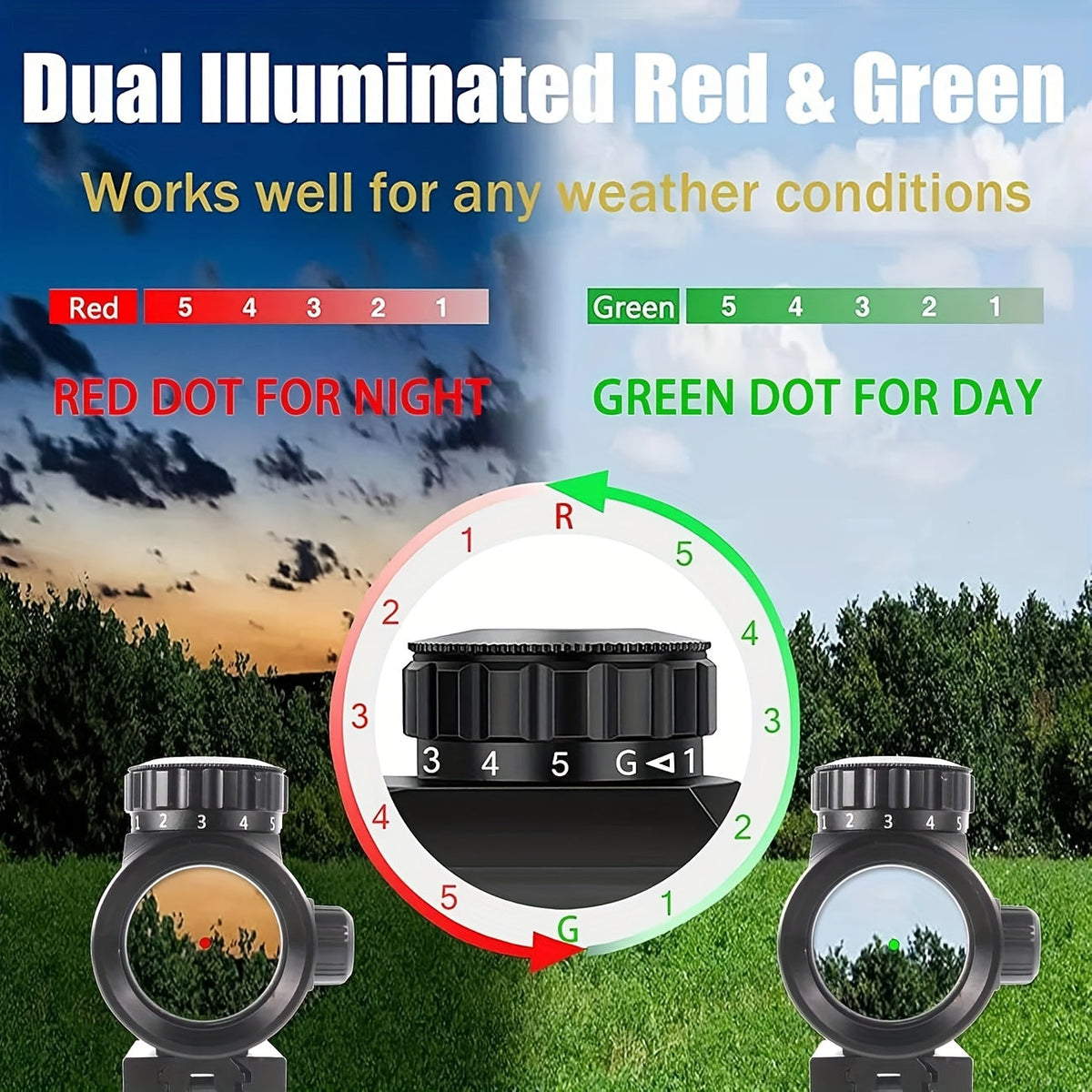 Viseur point rouge et vert tactique 1x40mm – Optique réflectrice en alliage d'aluminium, compatible rail Picatinny/Weaver 20mm et rail en queue d'aronde 11mm – pour la chasse, le tir et usage tactique