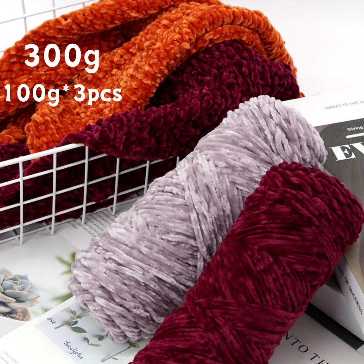 Fil chenille velours, lot de 3 pelotes de 300 g (3 x 100 g), laine douce et épaisse pour tricot et crochet, 47 couleurs, idéal pour débutants, artisanat de luxe pour pulls, écharpes, bonnets, poupées, sacs, amigurumi et projets DIY