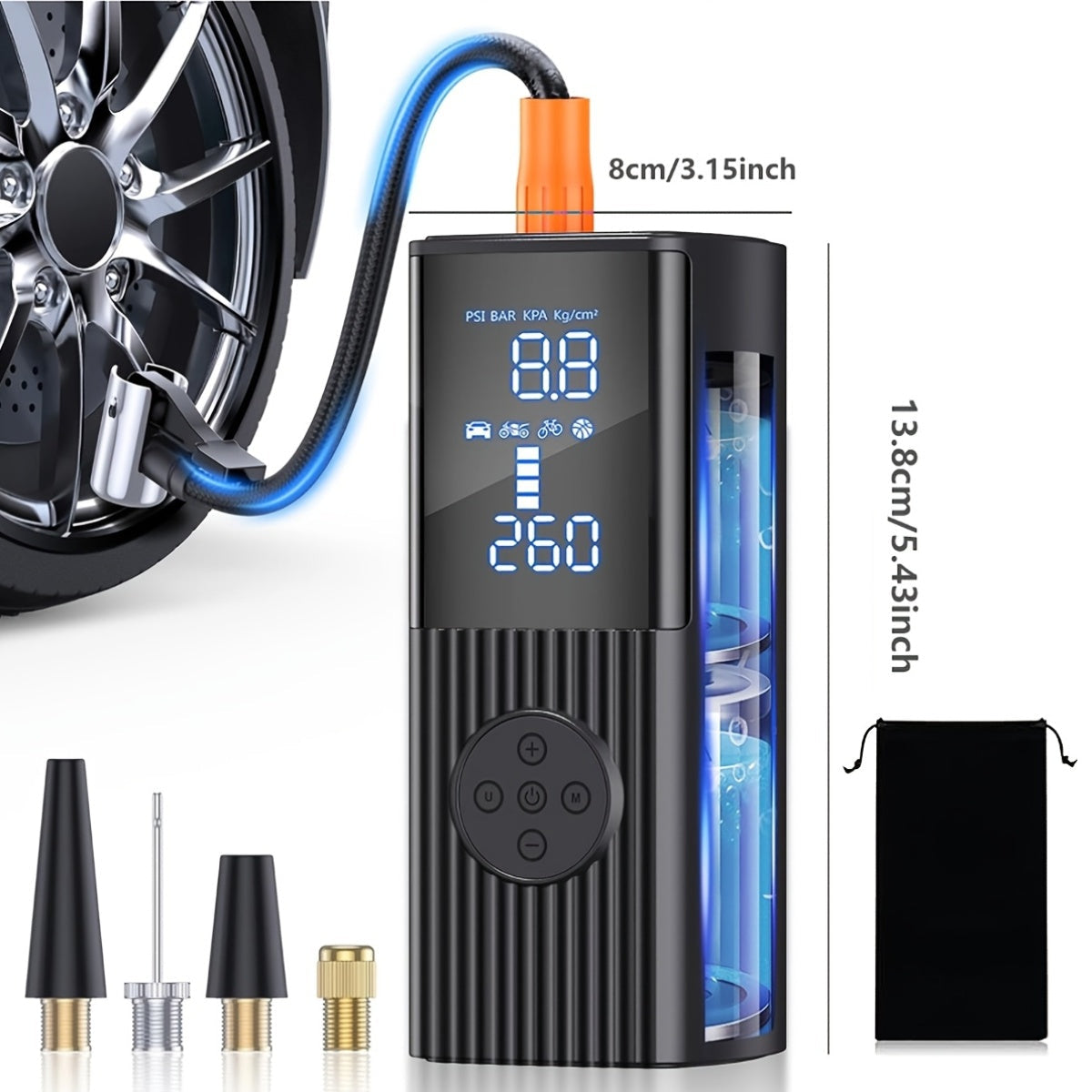 Gonfleur de pneu portable 210 PSI sans fil avec manomètre numérique, batterie rechargeable et lampe LED – Pompe à air sans fil pour voiture, moto, vélo et ballons de sport – Velora