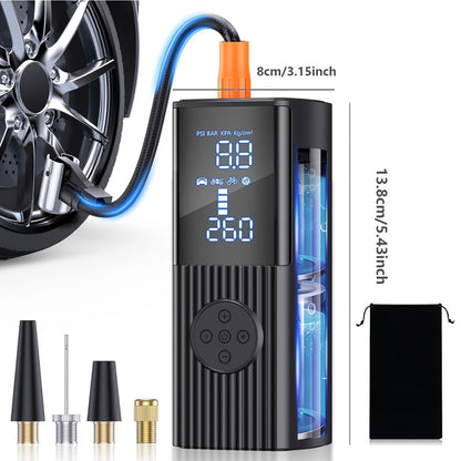 Gonfleur de pneu portable 210 PSI sans fil avec manomètre numérique, batterie rechargeable et lampe LED – Pompe à air sans fil pour voiture, moto, vélo et ballons de sport – Velora