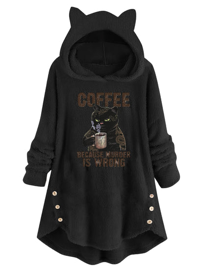 Cat Ear Teddy Fleece Hoodie Women Funny Cat Slogan Print - Cozy Fluffy Sweatshirt with Button Detail, Coffee Because Murder Is Wrong Graphic Hoodie, Grey Burgundy Black S-XXL