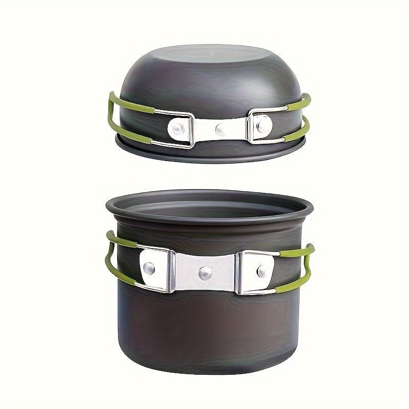 Ensemble de cuisine de camping en acier inoxydable 304 avec rangement pliable – Casserole compacte et durable avec couteaux et fourchettes pour randonnée, pique-niques et camping, vert et orange, kit de cuisine de camping léger