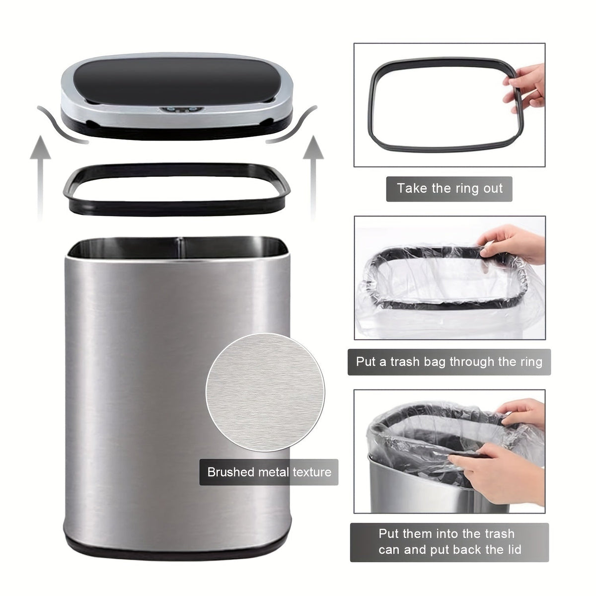 Poubelle automatique sans contact de 50 L (13 gallons) avec détecteur de mouvement, en acier inoxydable et plastique, pour cuisine, bureau, chambre et salon