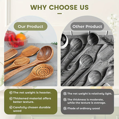 Ensemble d'ustensiles de cuisine en bois 3/5/7 pièces, cuillères, spatules, spurtle, louche et spatule à wok en bois naturel avec poignées ergonomiques, outils de cuisine robustes, résistants à la chaleur et sans danger pour les revêtements antiadhésifs