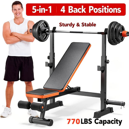 Foldable 6-in-1 Adjustable Weight Bench for Home Gym – 770 LBS Capacity, Flat Incline Decline, Resistance Bands, Preacher Curl Pad & Leg Developer, Full Body Strength Training Equipment