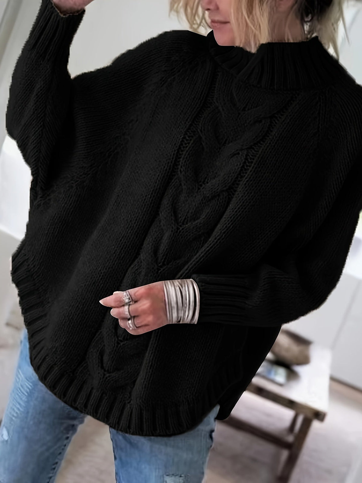 Pull col roulé oversize en maille torsadée pour femme, gros tricot, coupe ample, ourlet évasé, pull d'hiver douillet, 5 couleurs, S-XXL