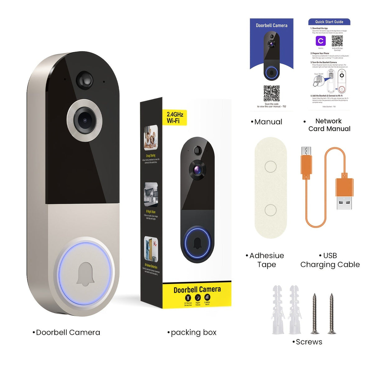 Sonnette vidéo intelligente sans fil 2K – Sonnette Wi-Fi avec vision nocturne, capture d'écran par IA, interphone bidirectionnel, batterie rechargeable et stockage local, caméra de sécurité pour porte d'entrée