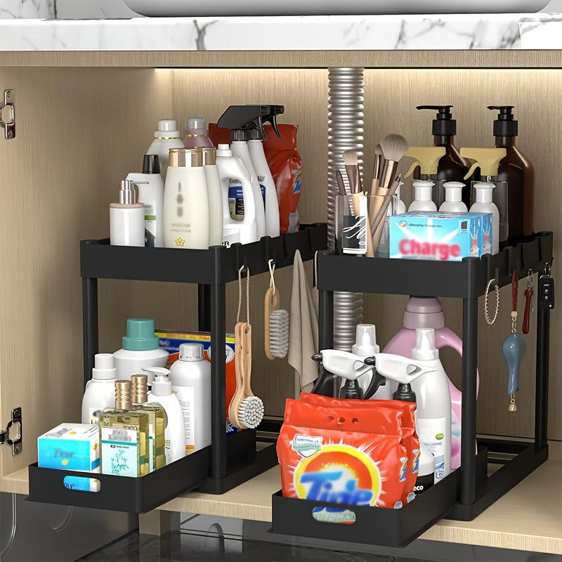Organisateur sous évier, lot de 2 paniers coulissants à double niveau avec 8 crochets, extensible – Étagère de rangement pour cuisine et salle de bain, blanc lunaire, noir, gris