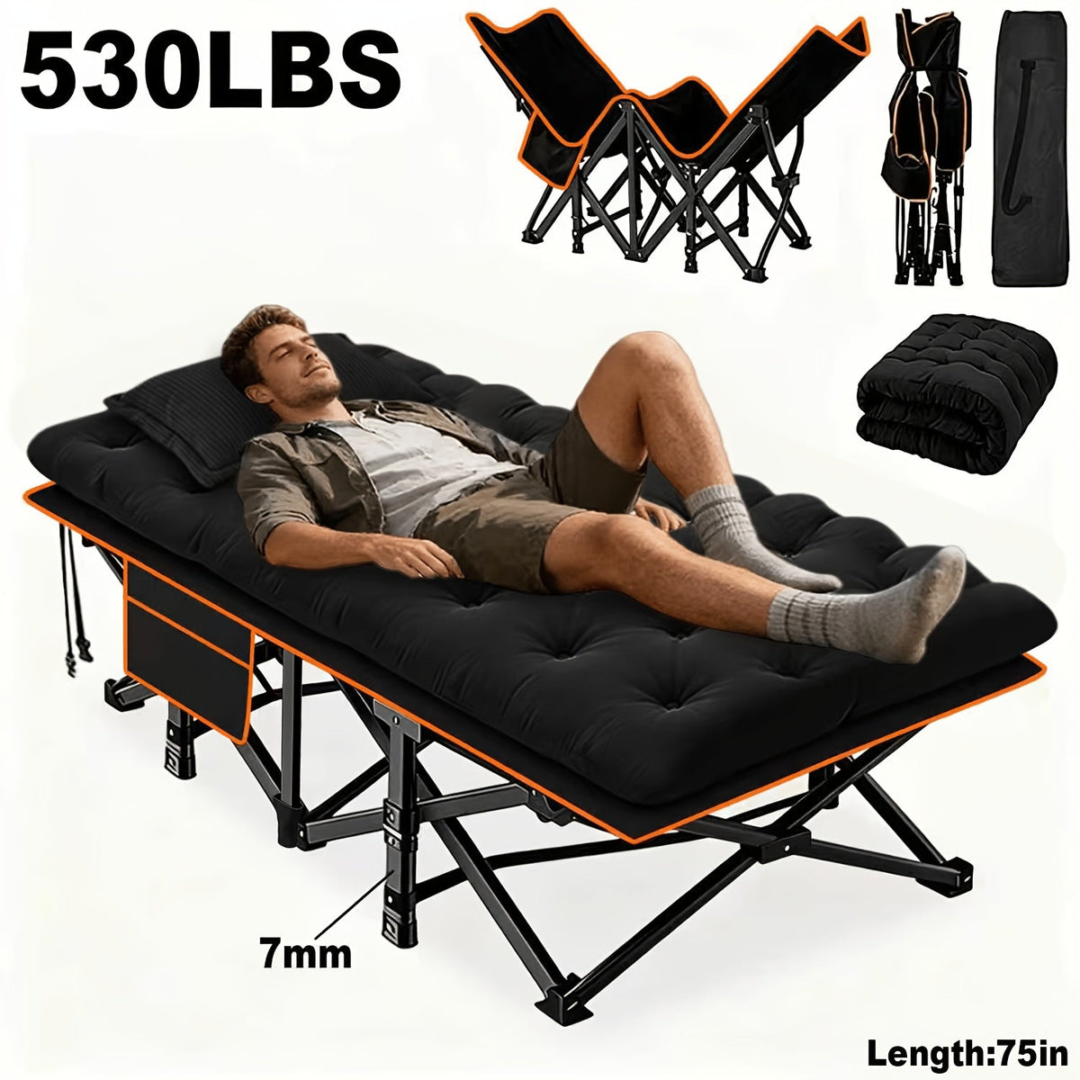 Lit pliant ultra-résistant supportant jusqu’à 285 kg avec matelas en option – Lit de camp portable avec pieds de support multiples, poches latérales et oreiller, lit d'appoint toutes saisons de 150 à 195 cm, peu encombrant
