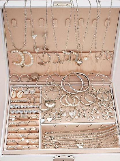 Ensemble de bijoux 108 pièces imitation perle pour femme – Bagues empilables, boucles d'oreilles, collier et bracelet à motifs géométriques, cœur, papillon, étoile, accessoires de mode automne-hiver pour fête, vacances, rendez-vous, cadeau de fête
