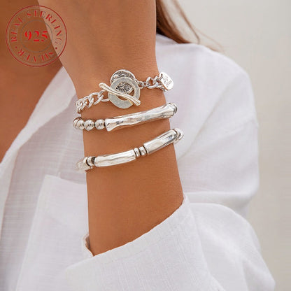 Lot de 3 bracelets joncs épais en argent 925 pour femme – Bracelets statement audacieux, style hip-hop et punk, empilables, plaqué argent, parure superposée pour toutes les occasions